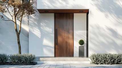Simplistic modern entrance, inviting with a wooden door and minimalist design, welcoming and stylish - obrazy, fototapety, plakaty