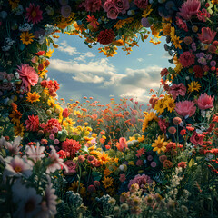 Obraz na płótnie Canvas Heart-shaped wreath bedecked with vibrant flowers frames an elegant slate backdrop.