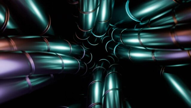 Metal chromed chains similar to a snakes on a black background. Design. Gradient green and purple metal glow of snake shapes.