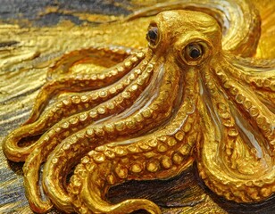Fototapeta premium Pintura abstracta y arte de texturas inspiradas en un pulpo dorado.