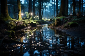 Dark forest at night with lights reflected in stream