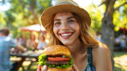 A woman is holding a large hamburger and smiling