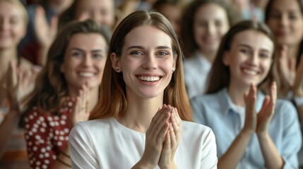 Obraz premium A woman is smiling and clapping with a group of people