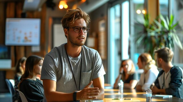 A Man In A Gray Shirt Sits At A Table With A Group Of People