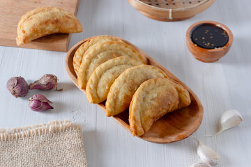 Cireng filled with spicy chicken, made from tapioca flour with stir-fried spicy chicken filling. Snacks from the city of Bandung