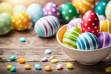 Fototapeta na wymiar Colorful Easter Egg Display: Festive Patterns and Warm Welcome