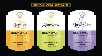Body wash label design, product label design, lemon aloe vera lavender fragrance labels design set editable vector file print ready illustration