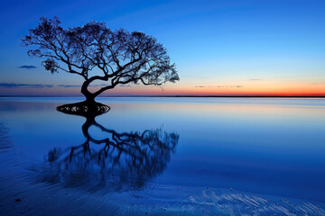 A lone tree not far off shore reflected in the calm water near sunset, generative ai - obrazy, fototapety, plakaty