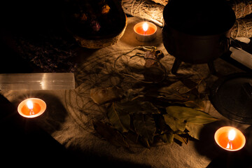 A dark and moody image of a sacred alter used for creating mystical spells. 