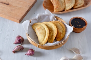 Cireng filled with spicy chicken, made from tapioca flour with stir-fried spicy chicken filling. Snacks from the city of Bandung