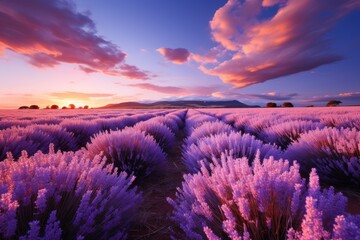 Violet lavender field at sunset with clouds in the sky