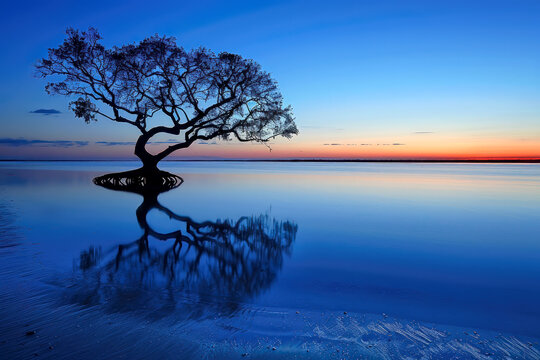 A lone tree not far off shore reflected in the calm water near sunset, generative ai