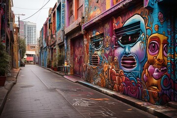 Colorful graffiti decorates building facades in a narrow city alleyway