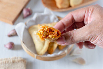Cireng filled with spicy chicken, made from tapioca flour with stir-fried spicy chicken filling. Snacks from the city of Bandung