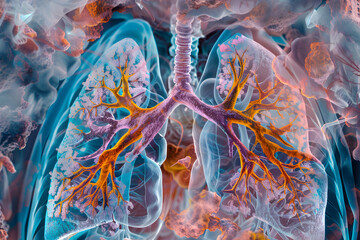 Creative illustrative  MRI scan of the human lungs, with a prominent mass highlighted through vivid coloring. Smoker's affected. 