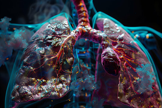 Creative futuristic rendition of an MRI scan of the lungs, with a digitally enhanced view of a lung mass. The enhancement uses color coding and 3D rendering to detail the mass's structure. Smoker aff