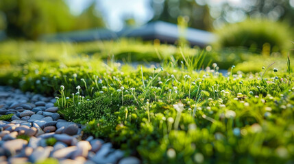 Detailed image of a green roof system composed of layers of substrate vegetation and irrigation systems functioning as an efficient insulation and cooling mechanism for the
