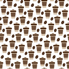 Seamless pattern Disposable coffee cups with lid, patterned holder and coffee beans. Background