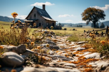 A house sits alone in a vast field under a clear sky - obrazy, fototapety, plakaty