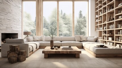 Interior design of modern trending living room inspired by scandinavian minimalism and elegance  - obrazy, fototapety, plakaty