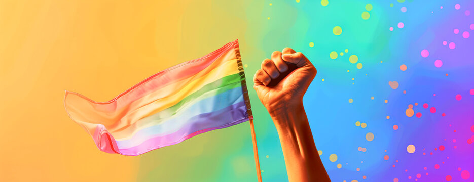 Hand fist raised fist with LGBT rainbow flag over colorful background. Pride month conceptual banner