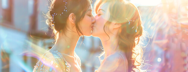 Harmonious photo of two women kissing passionately after getting married. Pride month concept