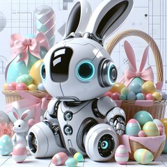 Ai generated Happy Easter  futuristic 3D Bunny robot and cute bunny with colorful easter eggs with a basket filled easter eggs background to decorate your holiday