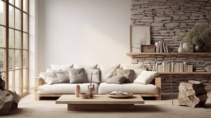 Interior design of modern trending living room inspired by scandinavian minimalism and elegance 