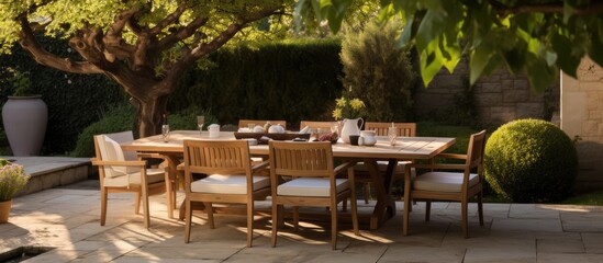 Table and chairs in oak color set up on the outdoor terrace for guests to unwind or dine