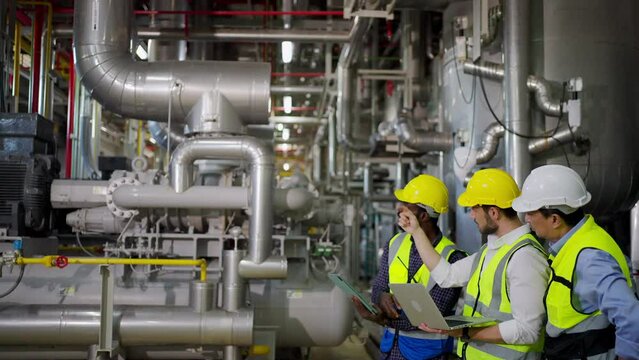 Group of Diversity electrical engineer in safety uniform working together at factory site control room. Industrial technician worker maintenance and checking power system at manufacturing plant room.