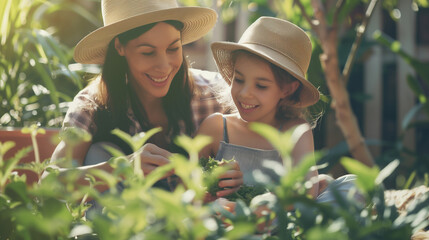 Happy moment of mother and daughter gardening together. 