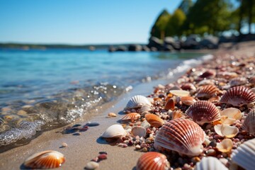 Fototapeta na wymiar Azure sea shells on sandy beach near water, a natural material
