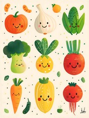 Vegetable illustrations, cartoon style, cute, and rounded with simple details in minimalistic style, sticker art