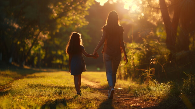 Mother holding her kid's hand while walking. Happy family moments.