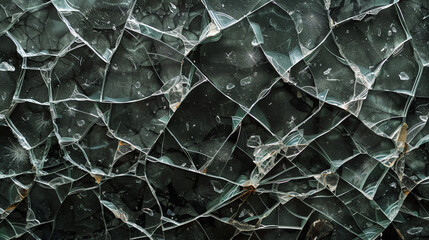 Cracked and broken glass forms a textured and disordered backdrop. - obrazy, fototapety, plakaty