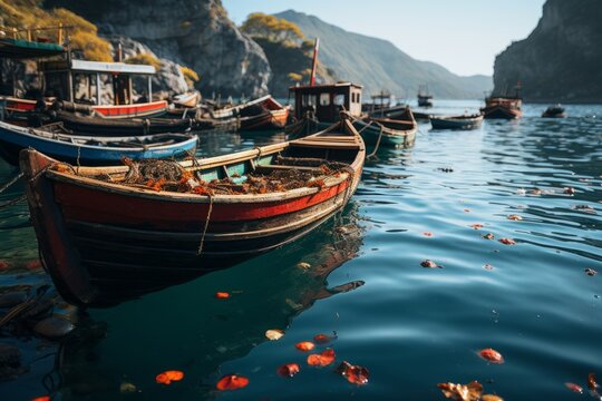 Boats at harbor with mountains, a picturesque natural landscape by the water