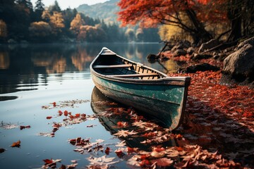 Watercraft on lake shore among leaves, surrounded by trees - obrazy, fototapety, plakaty