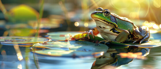 Frog sitting on a leaf in the pond, with the morning sunlight shining down, reflecting on the water's surface. Close-up shot.