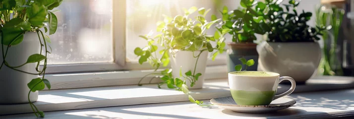 Fotobehang Matcha latte in a cup on the kitchen table against the background of a bright kitchen, green hone plants,  summer morning, Horizontal illustration, free space for text. © Olga