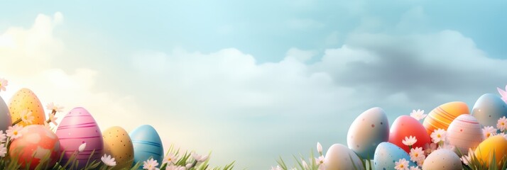 Happy Easter Banner, Beautiful Easter eggs on green grass meadow field background with copy space, festive spring wallpaper with blank space for text - obrazy, fototapety, plakaty