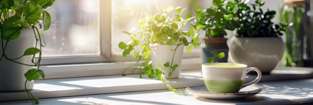 Matcha latte in a cup on the kitchen table against the background of a bright kitchen, green hone plants,  summer morning, Horizontal illustration, free space for text.