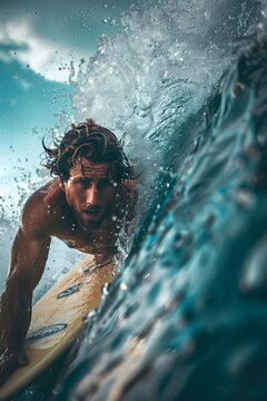 Illustration of a beautiful view In photographing surfers, the turquoise water and beautiful sunlight can be used in travel advertisements to promote tourist attractions that offer outdoor activities.