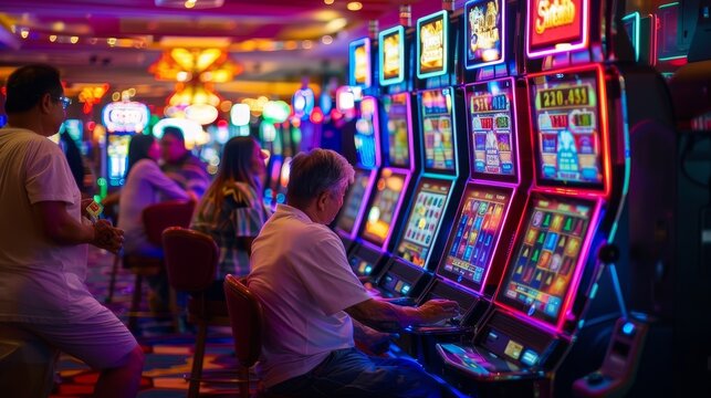 photo of people gambling playing and sitting in casino on slot machines hoping for a jackpot. crowded hall. wallpaper background 16:9