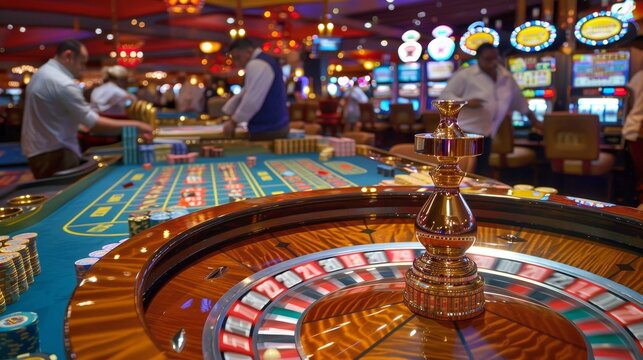 photo closeup of a roulette spinning in a casino. crowded hall with people. blurry wallpaper background 16:9