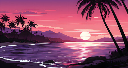 the sun is setting over some tropical trees on the beach - Powered by Adobe