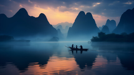 Guilin's Enchantment: Mist-Kissed Peaks & Li River Dreamscape - obrazy, fototapety, plakaty