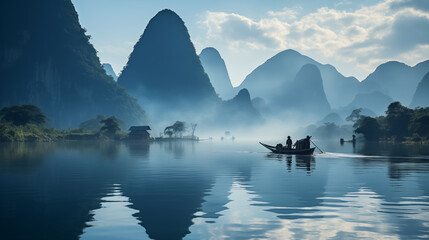 Li River Reverie: Bamboo Rafts on a Sea of Tranquil Mist - obrazy, fototapety, plakaty