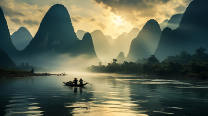 Guilin's Canvas: Mist Paints the Mountains on the Li River - obrazy, fototapety, plakaty