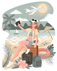 Vector cartoon illustration with young beautiful woman with luggage on vacation on beach against seascape. Summer background, travel concept, flat design. 