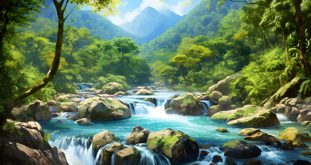 a painting shows a river surrounded by green trees - Powered by Adobe